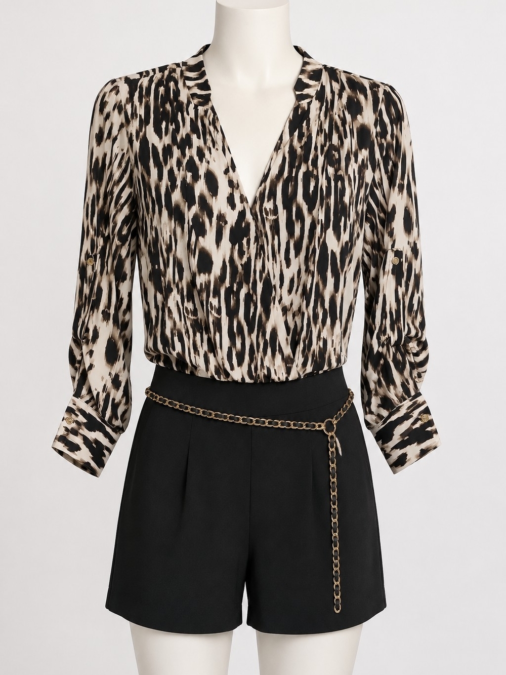 Jennifer Lopez Black and Cream Leopard-Print Long-Sleeve Jumpsuit Romper